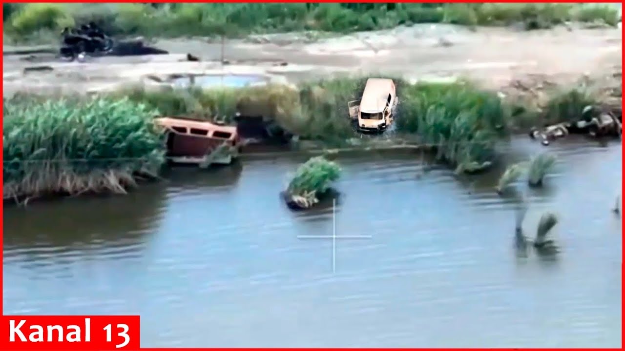 The image of Russian equipment and military vehicles being destroyed by the pond – Drone shows