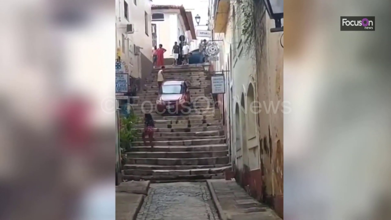 FocusOn News   Incredible moment car drives down stairs in Brazil